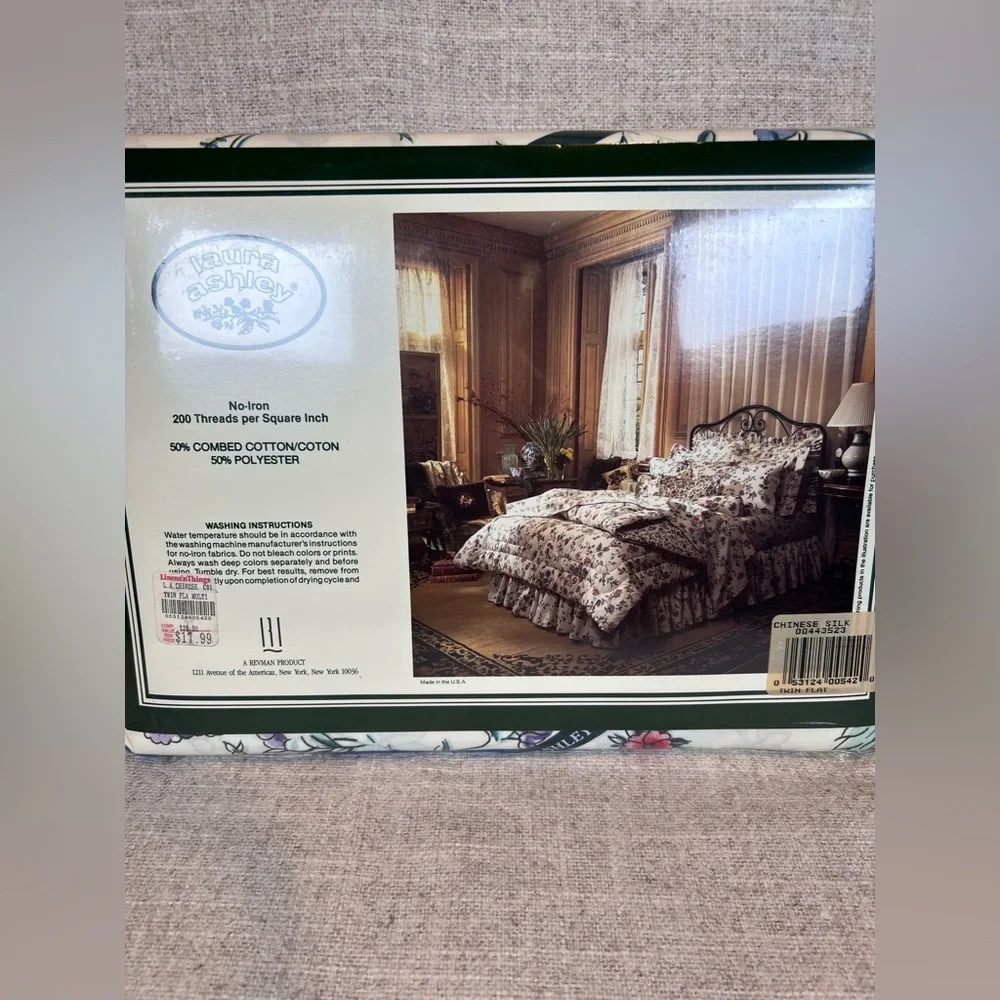 Laura Ashley Vintage Chinese Silk Floral twin size flat sheet scalloped edge NWT